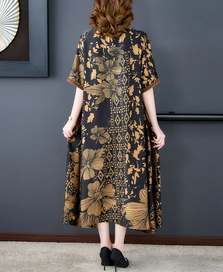Women's summer V-neck loose print fake two piece style dress