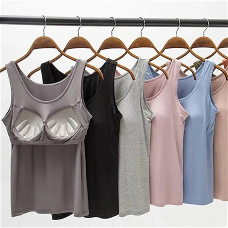 Women's Vest Tops with Built-In Bra - Padded Slim Fit Tank Tops