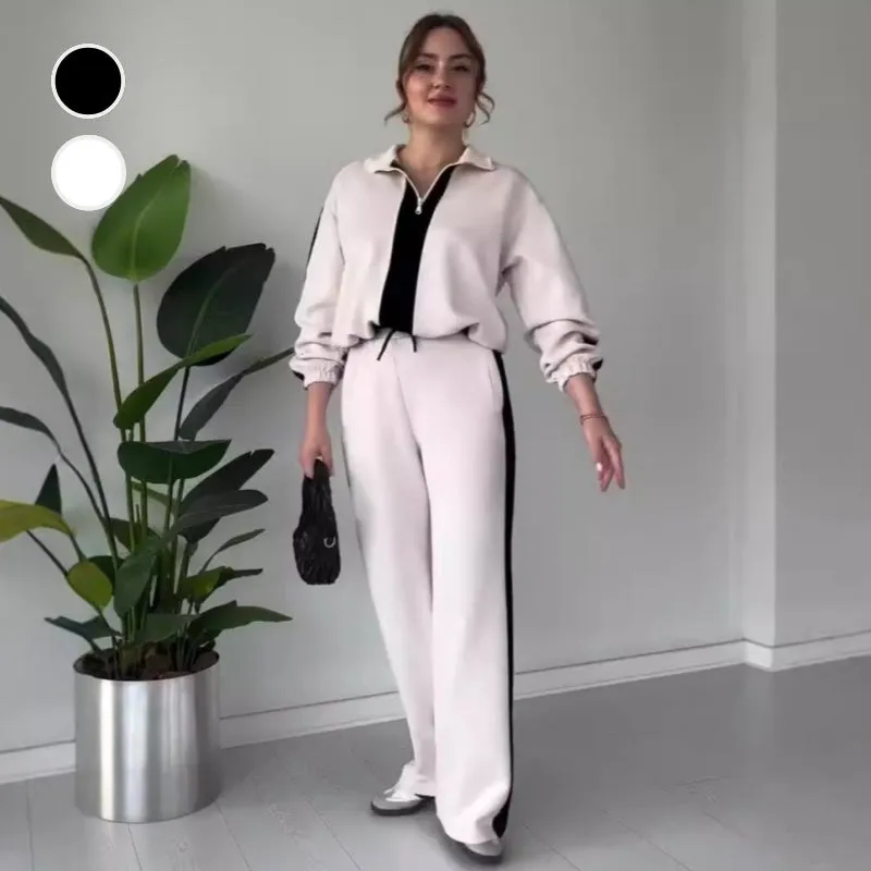 Women’s Zipper Lapel Tops ＆ Pants 2-Piece Set