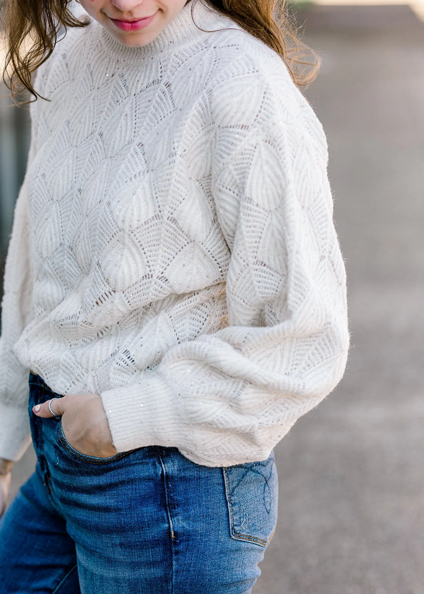 X Shell Stitch Ivory Shimmer Sweater