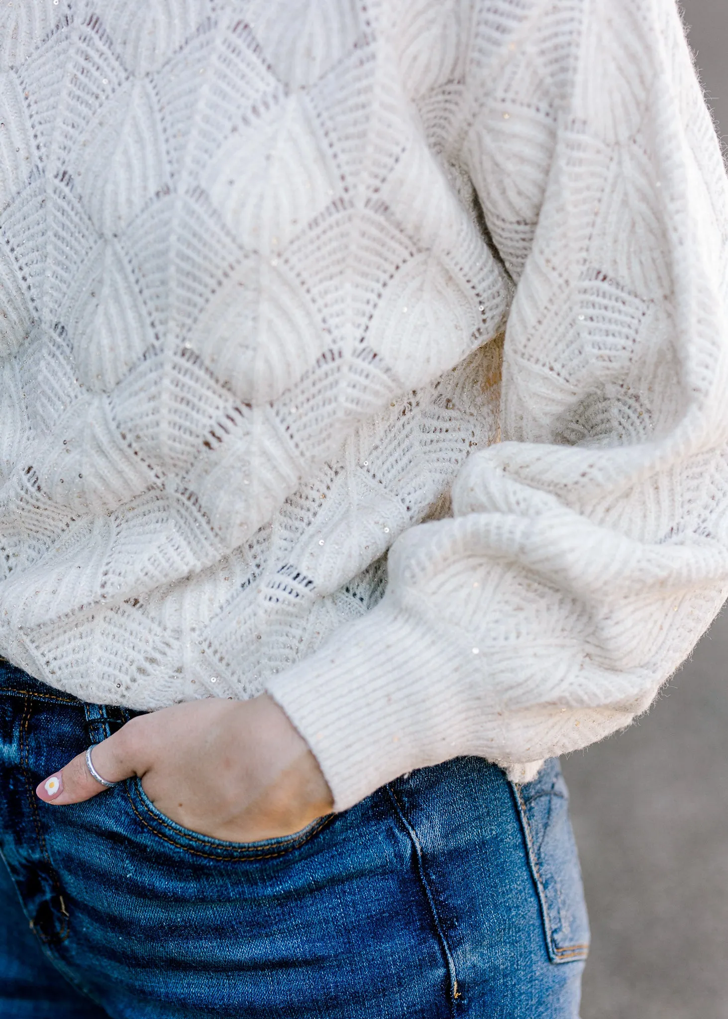 X Shell Stitch Ivory Shimmer Sweater