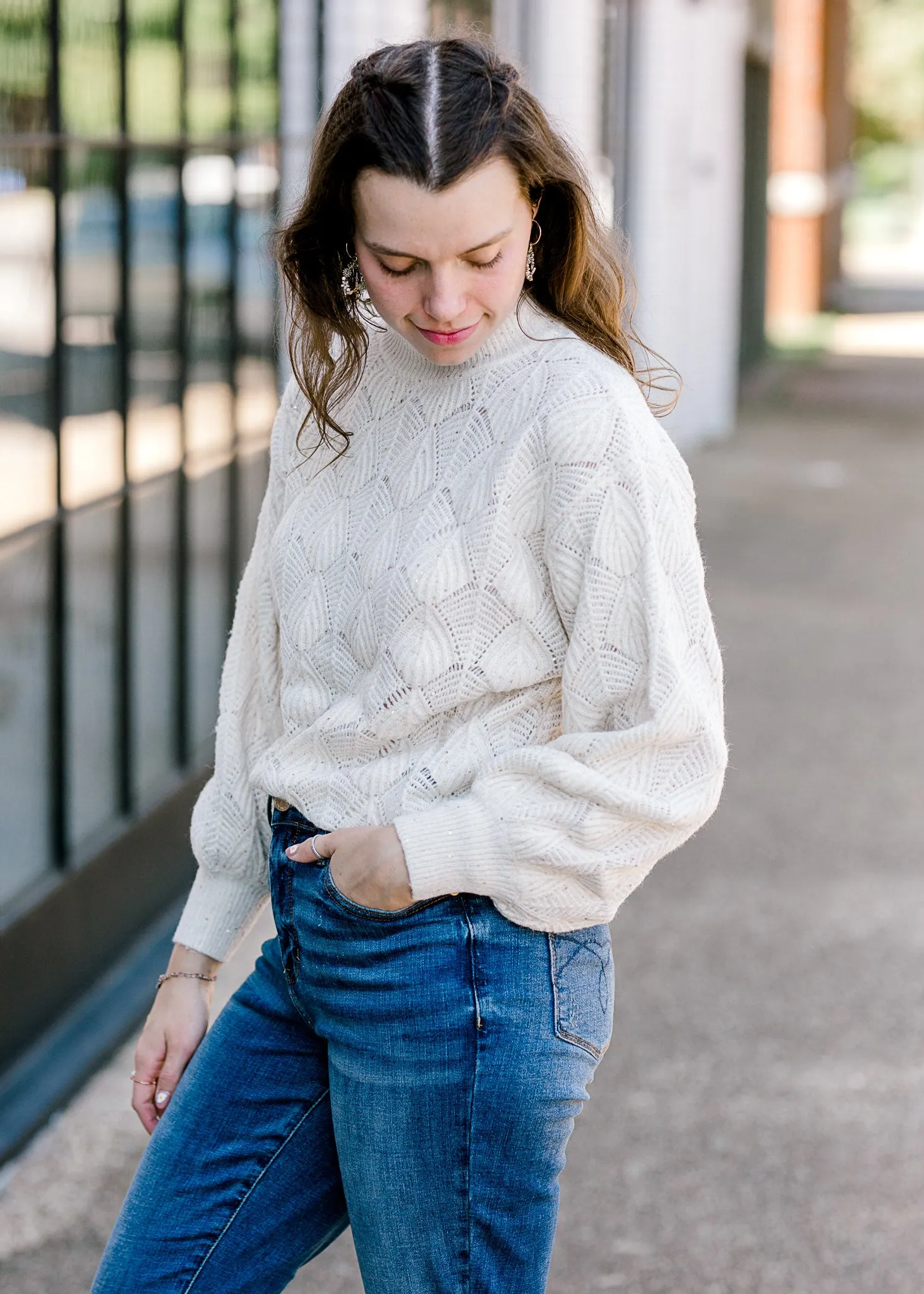 X Shell Stitch Ivory Shimmer Sweater