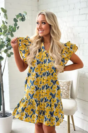 Yellow Floral Ruffle Sleeve Dress