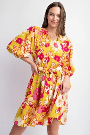 Yellow   Pink Floral Printed Dress with Waist Tie