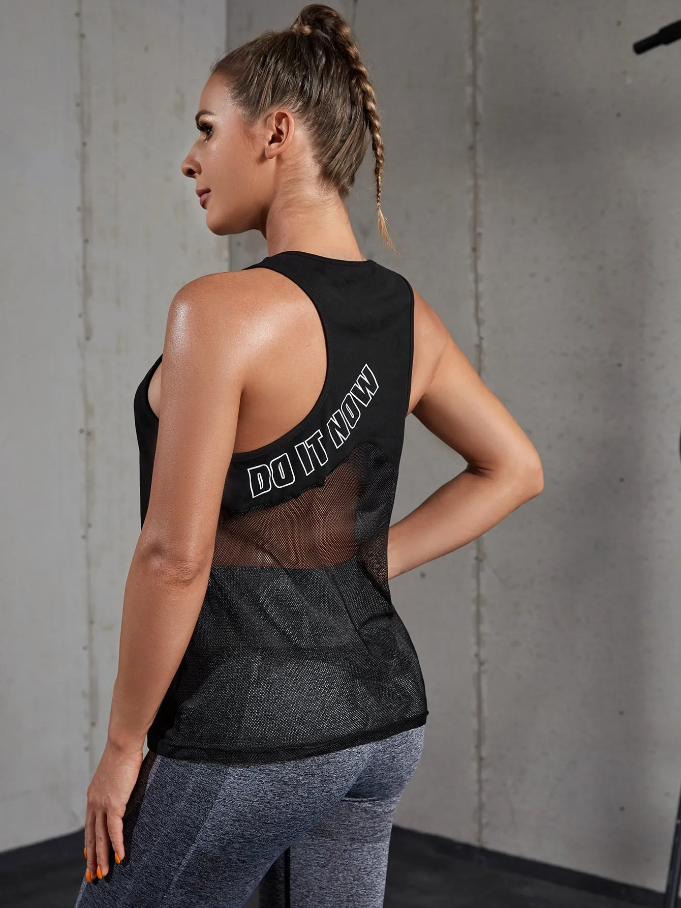 Yoga Basic Breathable Softness Letter Graphic Contrast Mesh Sports Tee